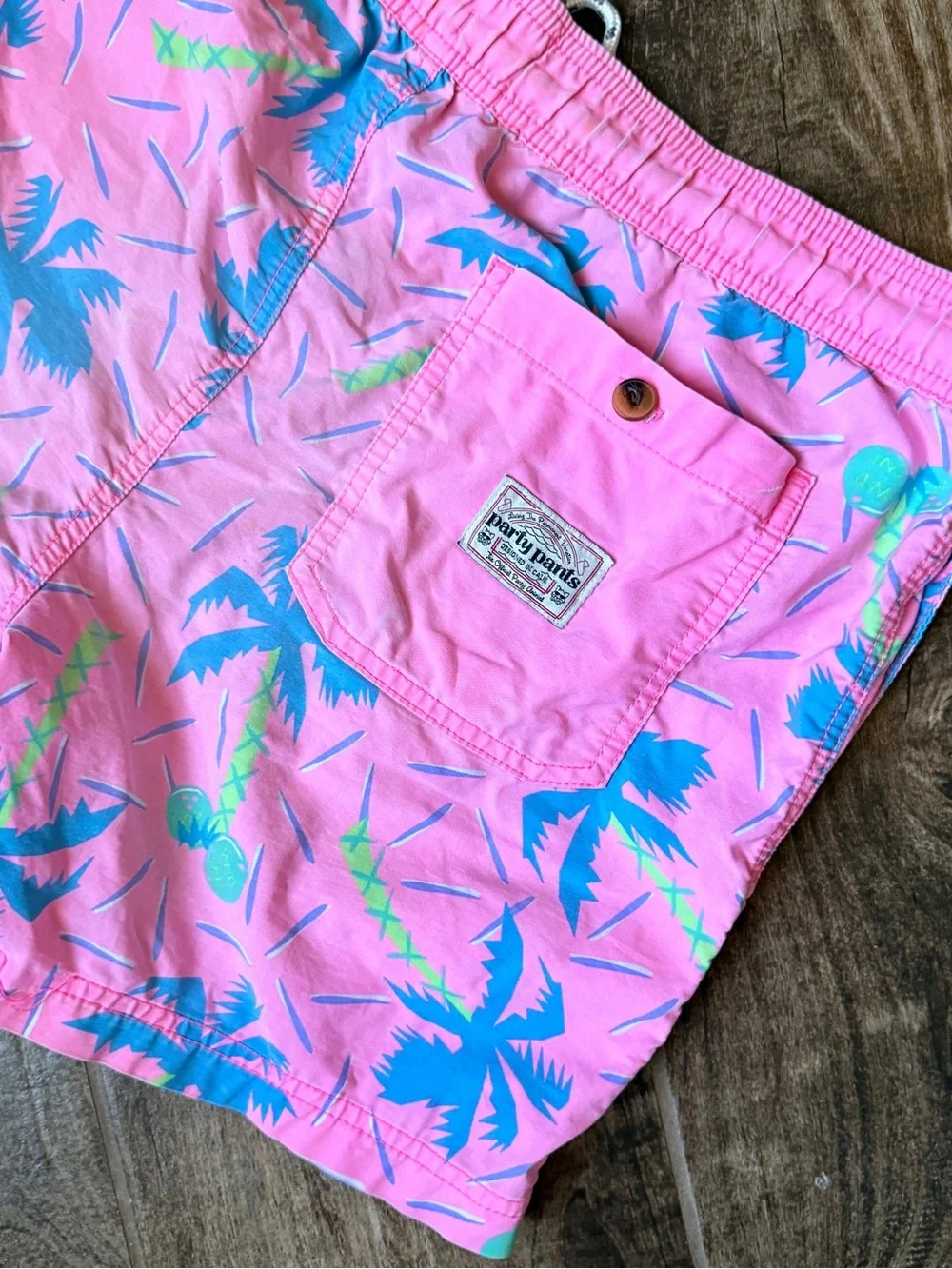 Party Pants Men’s Pink Tropical Palm Print 5” Swim Shorts, S